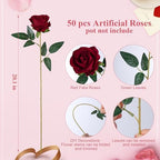 50 PCS Burgundy Roses Artificial Flowers, Fake Roses with Stem Realistic Silk Roses for DIY Wedding Bouquets, alternate view