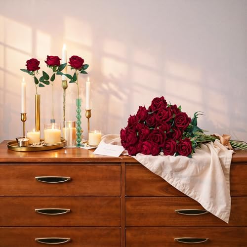 50 PCS Burgundy Roses Artificial Flowers, Fake Roses with Stem Realistic Silk Roses for DIY Wedding Bouquets, alternate view