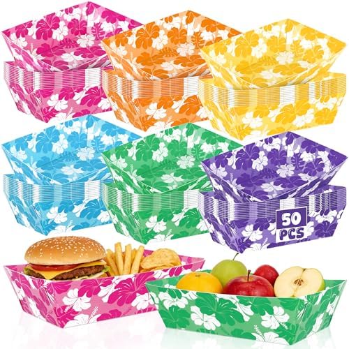 50 Pcs Luau Party Decorations, Disposable Hibiscus Paper Trays, Luau Food Boats Hawaiian Themed Decorations