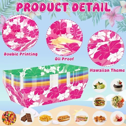 50 Pcs Luau Party Decorations, Disposable Hibiscus Paper Trays, Luau Food Boats Hawaiian Themed Decorations, alternate view 4