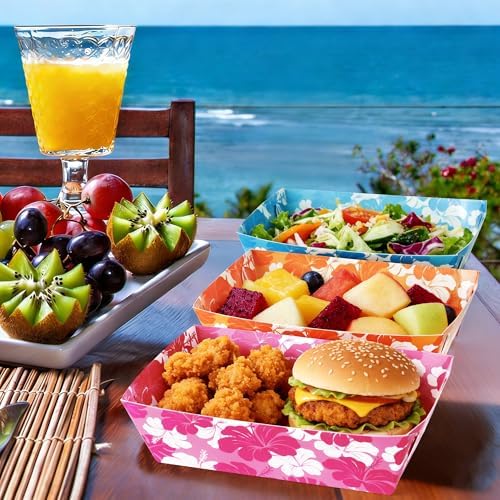 50 Pcs Luau Party Decorations, Disposable Hibiscus Paper Trays, Luau Food Boats Hawaiian Themed Decorations, alternate view 7