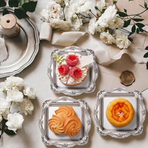 50 Pcs Mini Square Baroque Dessert Display Trays Mini Elegant Plastic Serving Trays Small Cake Candy Plates for, alternate