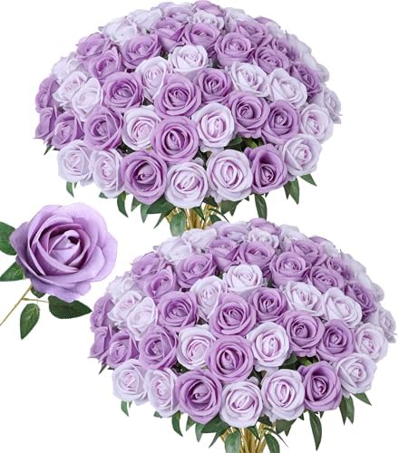 50 PCS Purple Roses Artificial Flowers, Fake Roses with Stem Realistic Silk Roses for DIY Wedding Bouquets Table