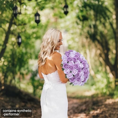 50 PCS Purple Roses Artificial Flowers, Fake Roses with Stem Realistic Silk Roses for DIY Wedding Bouquets Table, alternate