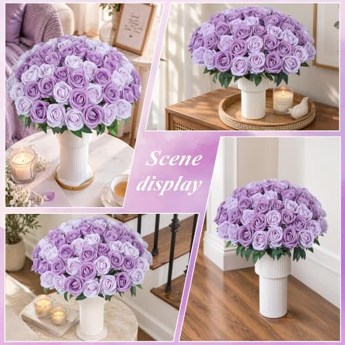 50 PCS Purple Roses Artificial Flowers, Fake Roses with Stem Realistic Silk Roses for DIY Wedding Bouquets Table, alternate