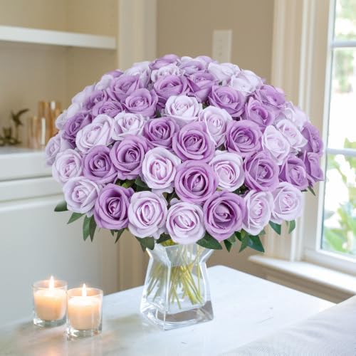 50 PCS Purple Roses Artificial Flowers, Fake Roses with Stem Realistic Silk Roses for DIY Wedding Bouquets Table, alternate