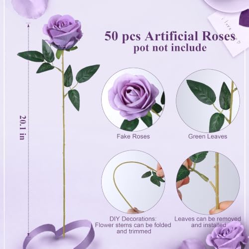50 PCS Purple Roses Artificial Flowers, Fake Roses with Stem Realistic Silk Roses for DIY Wedding Bouquets Table, alternate