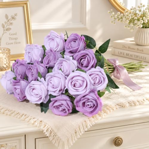 50 PCS Purple Roses Artificial Flowers, Fake Roses with Stem Realistic Silk Roses for DIY Wedding Bouquets Table, alternate