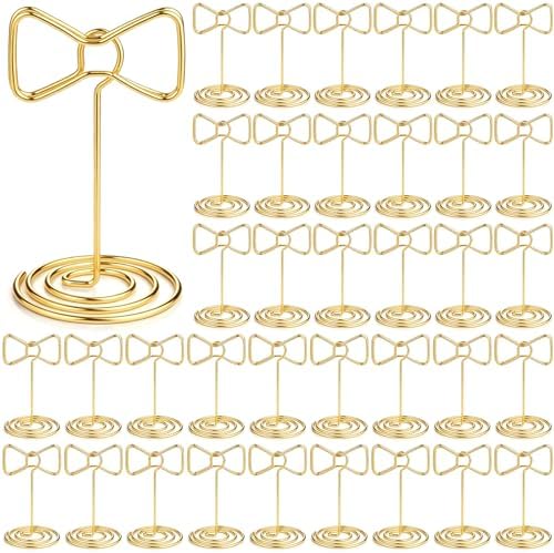 50 Pcs Table Number Holders Gold Wire Stand Bow, Bow in gold