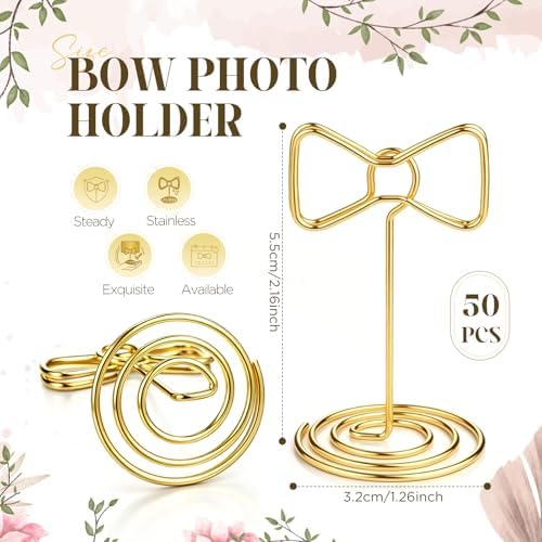 50 Pcs Table Number Holders Gold Wire Stand Bow, Bow in gold, alternate view 3