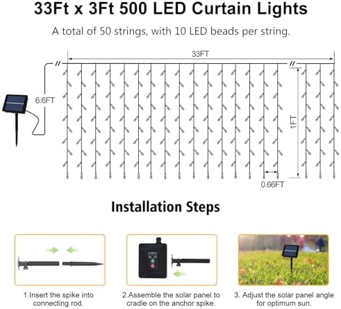 500 LED Solar Powered Curtain Lights 33ftx 3ft with Remote Timer, alternate view 7