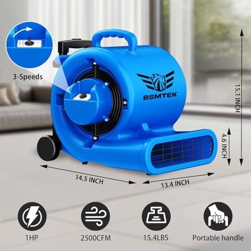 5000 CFM 1HP Air Mover Blower Fan, Floor Blower Dryer, 3 Speeds, 4 Adjustable Angles, Handle Wheelkit, 15Ft Long, alternate