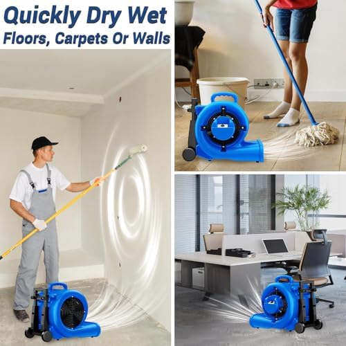 5000 CFM 1HP Air Mover Blower Fan, Floor Blower Dryer, 3 Speeds, 4 Adjustable Angles, Handle Wheelkit, 15Ft Long, alternate