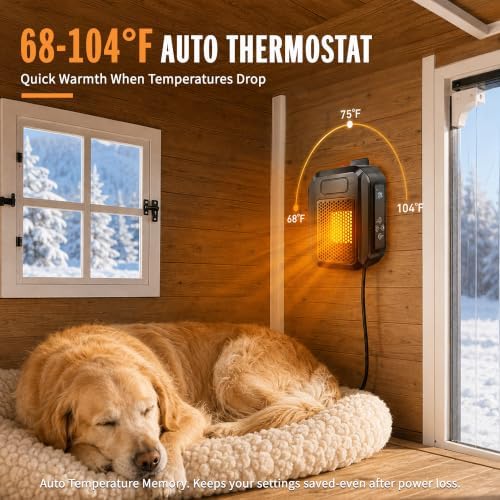 500W Dog House Heater, Wall-Mounted Design with 68 - 104°F Adjustable Thermostat, 24H Timer and LED Display, No, alternate
