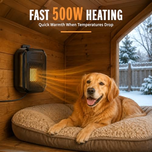 500W Dog House Heater, Wall-Mounted Design with 68 - 104°F Adjustable Thermostat, 24H Timer and LED Display, No, alternate