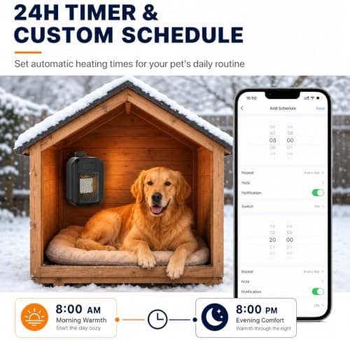 500W WiFi Dog House Heater, Wall-Mounted Heater with App Control, Adjustable 68 - 104°F Thermostat and 24H Timer, alternate