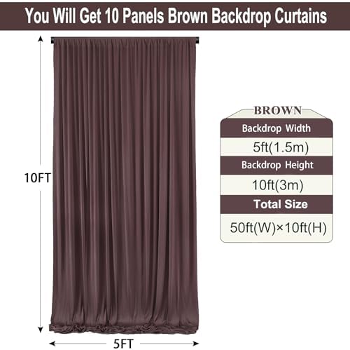 50ft×10ft Brown Wrinkle Free Backdrop Curtains for Parties, 10 Panels 5×10ft Soft Silky Polyetsr Umber Photo, alternate view