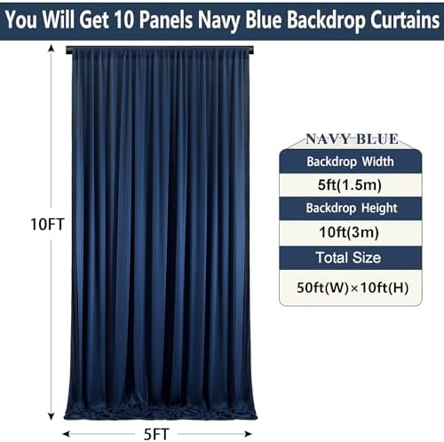 50ft×10ft Wrinkle Free Navy Blue Backdrop Curtain for Grad Birthday Party, 10 Panels 5×10ft Thick Silky, alternate view 5