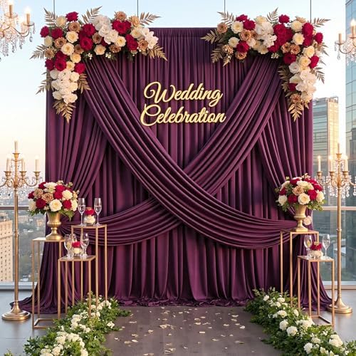 50ft×12ft Wrinkle Free Burgundy Backdrop Curtain for Wedding Parties, 10 Panels 5×12ft Long Silky Polyester