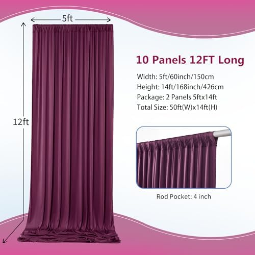 50ft×12ft Wrinkle Free Burgundy Backdrop Curtain for Wedding Parties, 10 Panels 5×12ft Long Silky Polyester, alternate view 3
