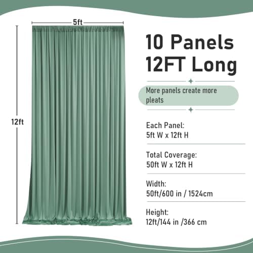 50ft×12ft Wrinkle Free Sage Green Backdrop Curtain for Weddings Parties in 12ft Long_10 Panels in Sage Green, alternate view