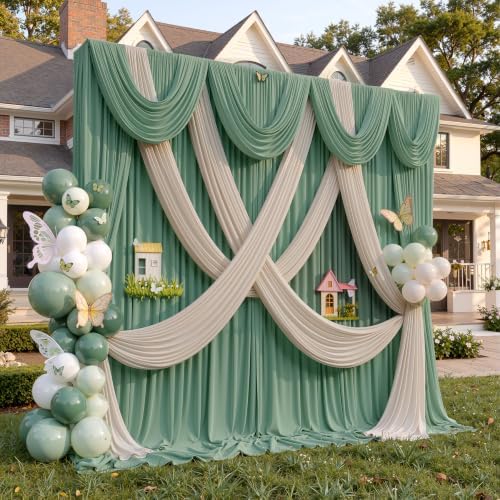 50ft×12ft Wrinkle Free Sage Green Backdrop Curtain for Weddings Parties in 12ft Long_10 Panels in Sage Green, alternate view
