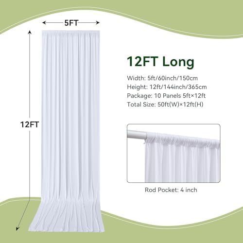 50ft×12ft Wrinkle Free White Backdrop Curtain for Wedding Parties, 10 Panels 5×12ft Long Silky Polyester Fabric, alternate