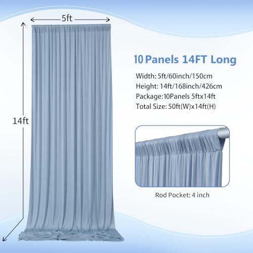 50ft×14ft Wrinkle Free Dusty Blue Backdrop Curtain for Wedding Parties, 10 Panels 5×14ft Long Silky Polyester, alternate view