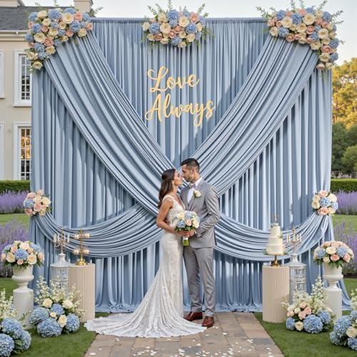 50ft×14ft Wrinkle Free Dusty Blue Backdrop Curtain for Wedding Parties, 10 Panels 5×14ft Long Silky Polyester, alternate view