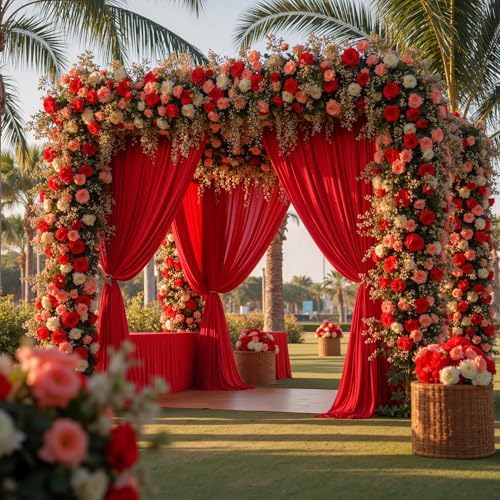 50ft×15ft Red Backdrop Curtain for Christmas Parties in W5' x H15'(10 panels) in Red
