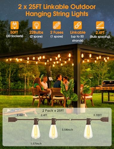 50FT(2x25FT) Outdoor String Lights, Patio Lights with 20+2 LED Dimmable Waterproof ST38 Vintage Shatterproof, alternate view