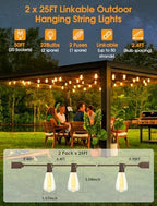 50FT(2x25FT) Outdoor String Lights, Patio Lights with 20+2 LED Dimmable Waterproof ST38 Vintage Shatterproof, alternate view