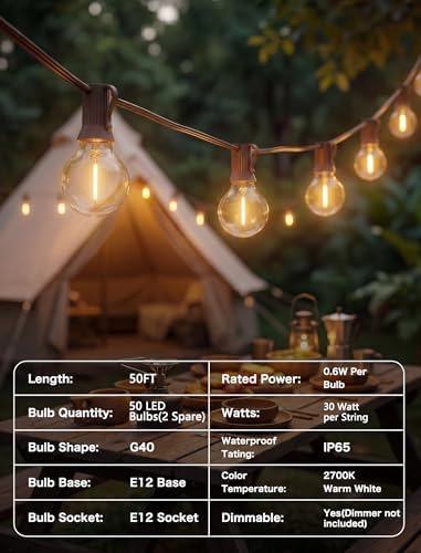 50FT Brown Outdoor String Lights, Shatterproof LED Globe Edison String Lights with 50 G40 LED Bulbs, Waterproof, alternate