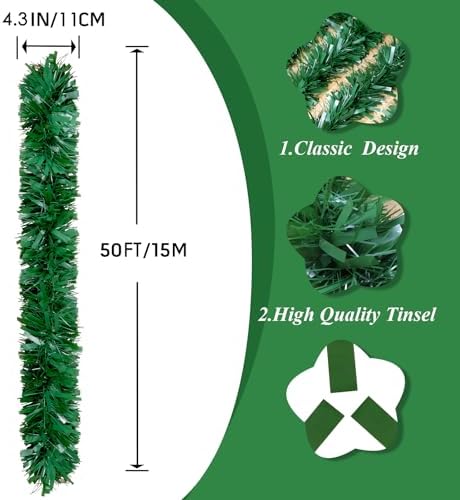 50Ft Green Christmas Garland Decorations, Xams Greenery Tinsel Stems Non-Lit Soft Twist Garland Decor for Tree, alternate