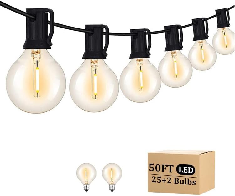 50FT LED Outdoor String Lights with 27 G40 Bulbs (2 Spare) Connectable Yard Hanging Lights for Party Tents Patio