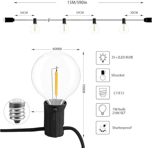 50FT LED Outdoor String Lights with 27 G40 Bulbs (2 Spare) Connectable Yard Hanging Lights for Party Tents Patio, alternate