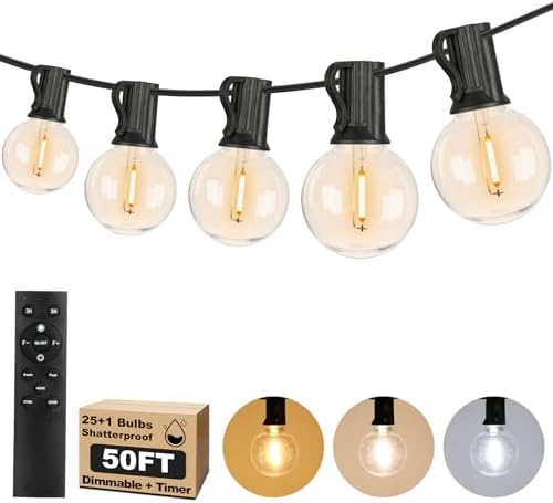 50FT LED Outdoor String Lights with Dimmable 3 Color Lights with Remote