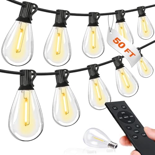 50FT LED Outdoor String Lights with Remote,16+ 1 Shatterproof Bulbs Waterproof and Dimmable Patio Lights for