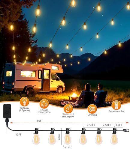 50FT LED Outdoor String Lights with Remote,16+ 1 Shatterproof Bulbs Waterproof and Dimmable Patio Lights for, alternate view