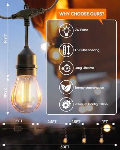 50FT Outdoor String Light 32+2 Bulbs 2W, 120W Dimmer Remote IP65 Waterproof, alternate view 6