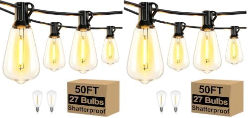 50FT Outdoor String Lights 27 Bulbs, Waterproof Patio Lights (Pack of 2)