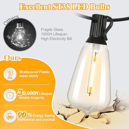 50FT Outdoor String Lights 27 Bulbs, Waterproof Patio Lights (Pack of 2), alternate view 2