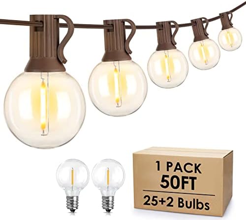 50Ft Outdoor String Lights, G40 Globe Patio Lights with 25+2 Waterproof LED Hanging Plastic Bulbs for Gazebo