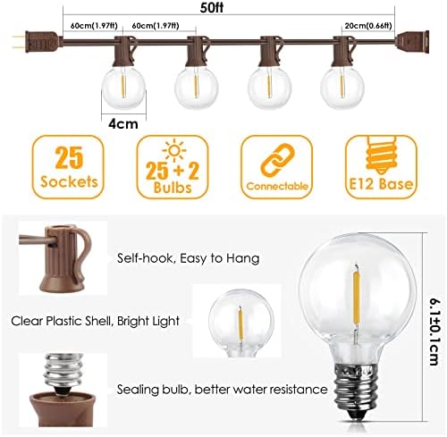 50Ft Outdoor String Lights, G40 Globe Patio Lights with 25+2 Waterproof LED Hanging Plastic Bulbs for Gazebo, alternate view