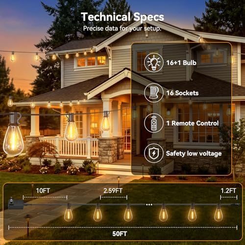 50FT Outdoor String Lights with Remote, Waterproof Patio Lights with 18+1 Shatterproof LED Bulbs, Dimmable, alternate view 5