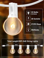 50FT Outdoor White String Lights with 20 Clear Bulbs, G40 Globe Patio String Lights for Indoor/Outdoor, alternate view 2