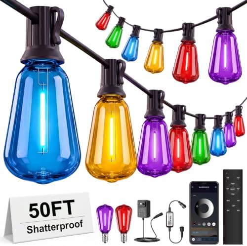 50FT Plug-in String Lights, Fixed 5-Color ST38 Bulbs, Bluetooth & Remote
