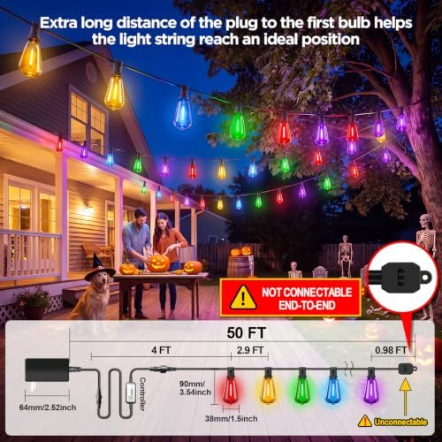 50FT Plug-in String Lights, Fixed 5-Color ST38 Bulbs, Bluetooth & Remote, alternate view 2