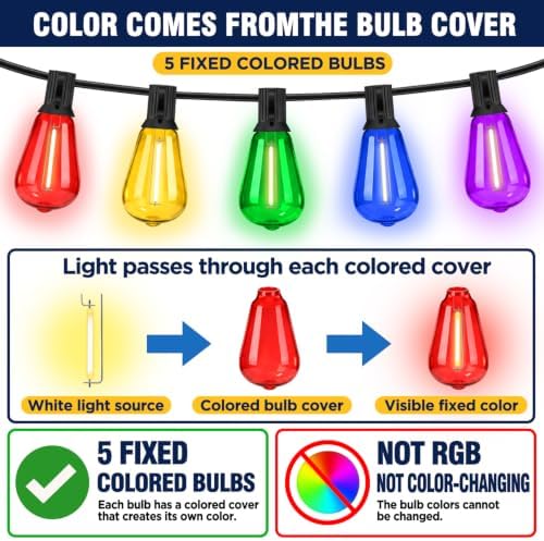 50FT Plug-in String Lights, Fixed 5-Color ST38 Bulbs, Bluetooth & Remote, alternate view 3