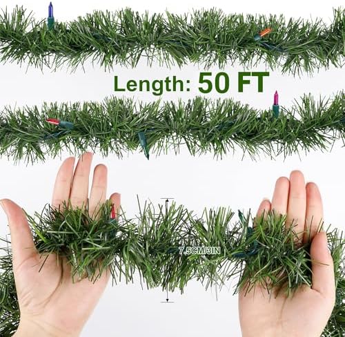 50FT Pre-lit Christmas Green Garland, Lighted Artificial Pine Garlands with 100 Count Multicolor Mini Lights, alternate view